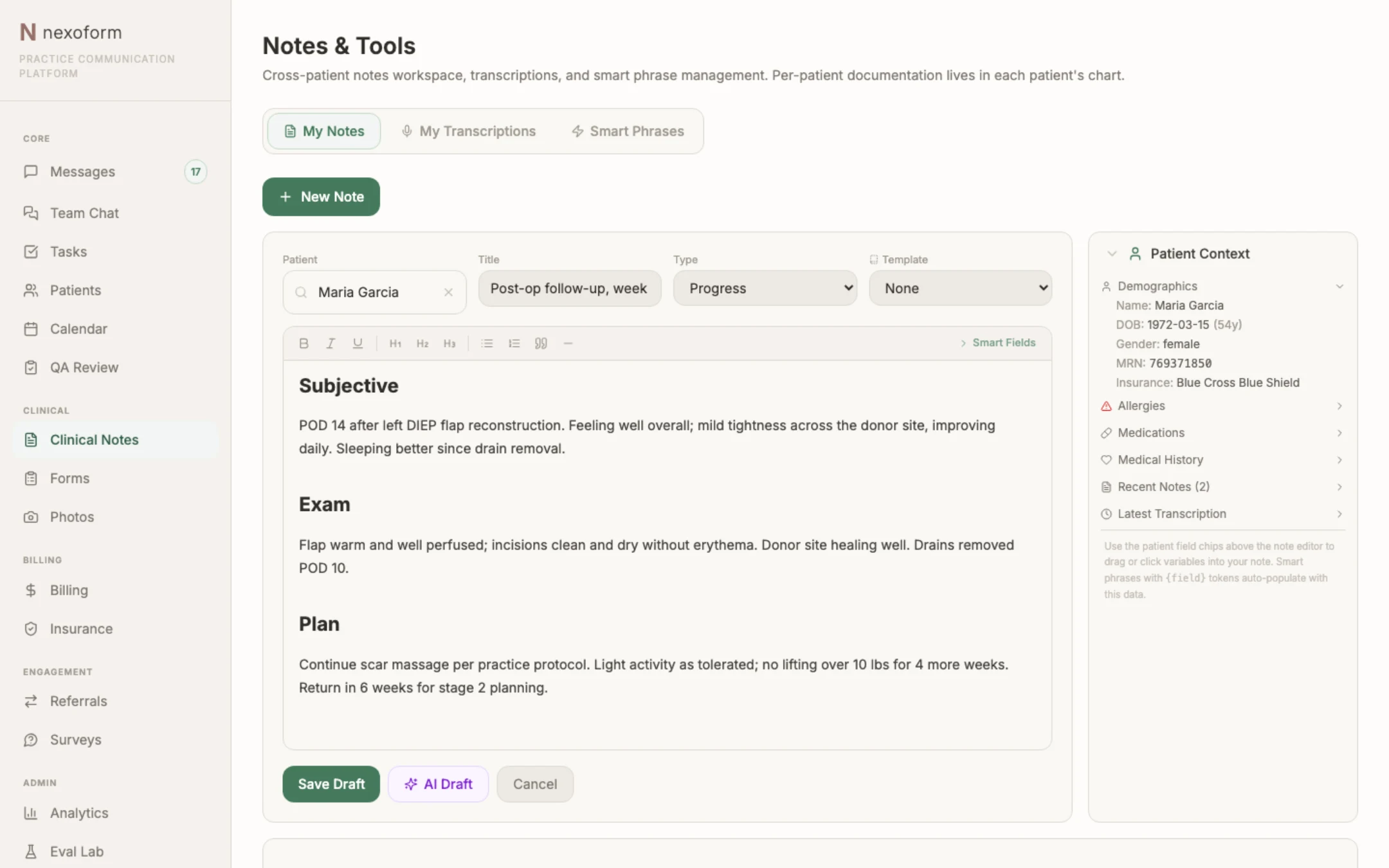 Nexoform notes workspace with a structured post-op note in the editor and the patient context panel showing demographics, allergies, medications, and recent notes