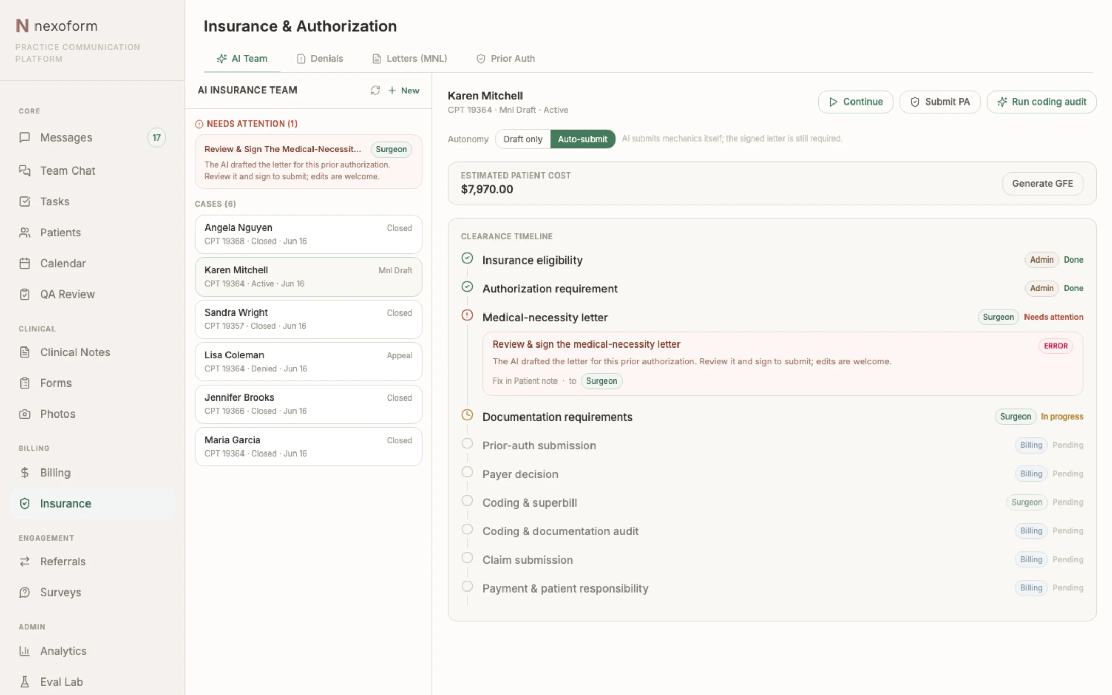 Nexoform insurance case with a clearance timeline: eligibility and authorization done, an AI-drafted medical-necessity letter waiting for surgeon sign-off, and an estimated patient cost