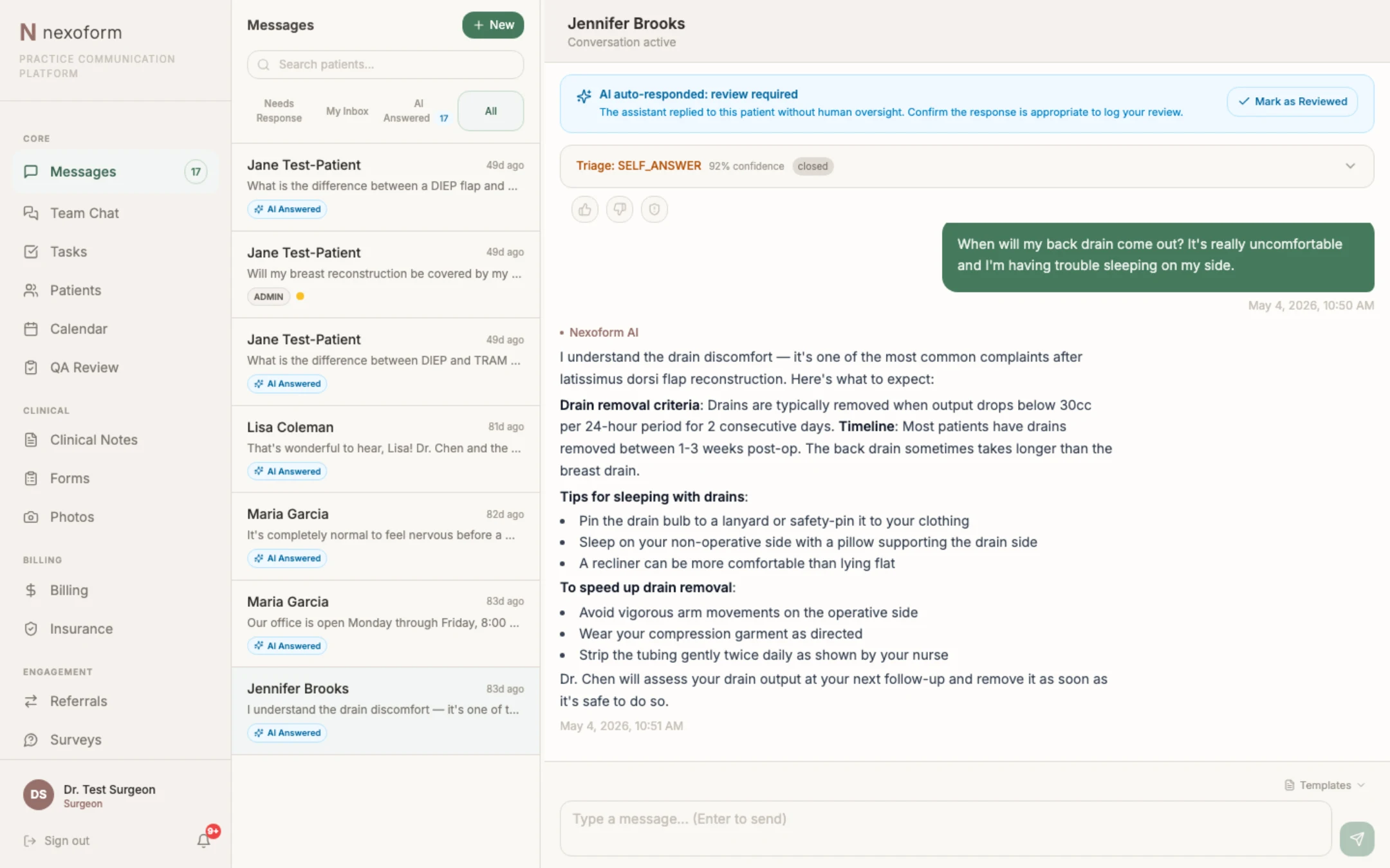 Nexoform messages inbox with an open patient conversation: the AI's answer about drain removal, a triage verdict with confidence, and a review-required banner